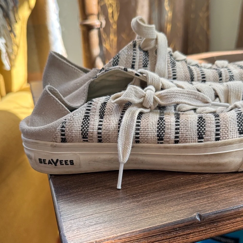 SeaVees Beige and Black Striped Sneakers with Suede Heel.